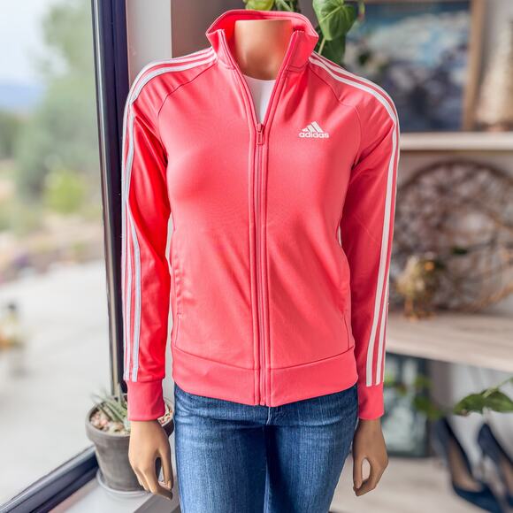 Adidas Women's XS Primegreen Essentials Warm-Up Slim 3-Strips Track Jacket Pink - Picture 1 of 9